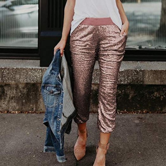 Pants - Rose Gold Sparkle Sequin Glam Jogger Trouser